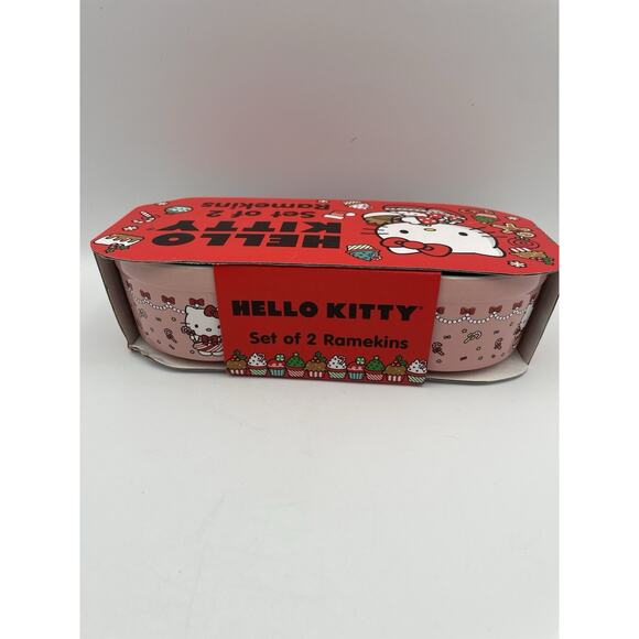 NEW Hello Kitty Ceramic Ramekins Dishes Set Of 2 Pink Candy Cane Dress - Picture 5 of 8